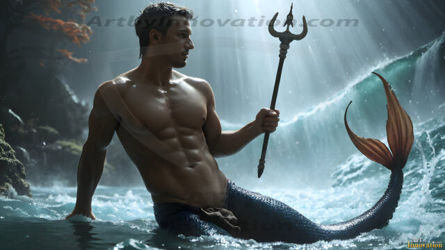 AI-generated HD photos featuring Mermen, The Warriors of the Sea. A collection of over 1,000 AI generated photo images of Mermen Warriors. Shirtless men from all age groups, with slim builds to hot and sexy, muscular body types, and from teenaged boys, to young men, to the handsome Elders. Merman warriors rising from a whirlpool, with a trident in hand, set against a stormy backdrop with dramatic lighting. Vibrant coral reefs, with detailed underwater scenes, highly realistic, with obsidian scales, that shimmer in the sunlight.