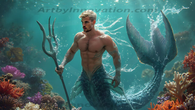 AI-generated HD photos featuring Mermen, The Warriors of the Sea. A collection of over 1,000 AI generated photo images of Mermen Warriors. Shirtless men from all age groups, with slim builds to hot and sexy, muscular body types, and from teenaged boys, to young men, to the handsome Elders. Merman warriors rising from a whirlpool, with a trident in hand, set against a stormy backdrop with dramatic lighting. Vibrant coral reefs, with detailed underwater scenes, highly realistic, with obsidian scales, that shimmer in the sunlight.