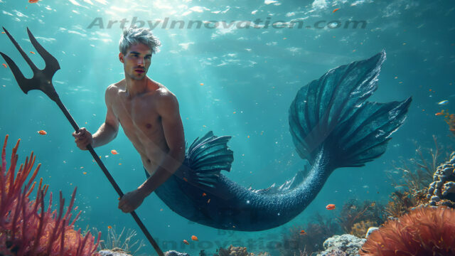 AI-generated HD photos featuring Mermen, The Warriors of the Sea. A collection of over 1,000 AI generated photo images of Mermen Warriors. Shirtless men from all age groups, with slim builds to hot and sexy, muscular body types, and from teenaged boys, to young men, to the handsome Elders. Merman warriors rising from a whirlpool, with a trident in hand, set against a stormy backdrop with dramatic lighting. Vibrant coral reefs, with detailed underwater scenes, highly realistic, with obsidian scales, that shimmer in the sunlight.