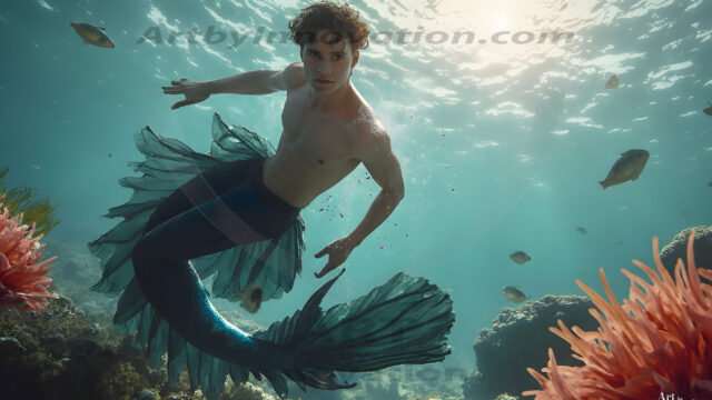 AI-generated HD photos featuring Mermen, The Warriors of the Sea. A collection of over 1,000 AI generated photo images of Mermen Warriors. Shirtless men from all age groups, with slim builds to hot and sexy, muscular body types, and from teenaged boys, to young men, to the handsome Elders. Merman warriors rising from a whirlpool, with a trident in hand, set against a stormy backdrop with dramatic lighting. Vibrant coral reefs, with detailed underwater scenes, highly realistic, with obsidian scales, that shimmer in the sunlight.