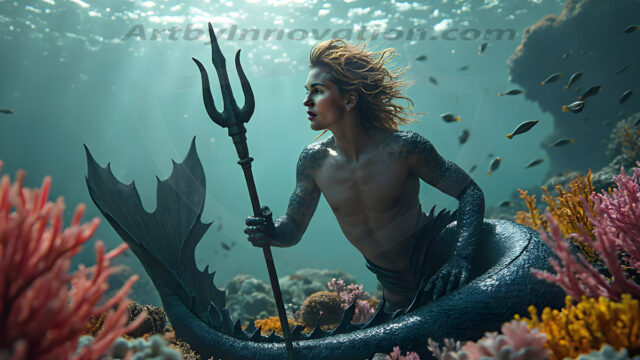 AI-generated HD photos featuring Mermen, The Warriors of the Sea. A collection of over 1,000 AI generated photo images of Mermen Warriors. Shirtless men from all age groups, with slim builds to hot and sexy, muscular body types, and from teenaged boys, to young men, to the handsome Elders. Merman warriors rising from a whirlpool, with a trident in hand, set against a stormy backdrop with dramatic lighting. Vibrant coral reefs, with detailed underwater scenes, highly realistic, with obsidian scales, that shimmer in the sunlight.