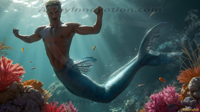 AI-generated HD photos featuring Mermen, The Warriors of the Sea. A collection of over 1,000 AI generated photo images of Mermen Warriors. Shirtless men from all age groups, with slim builds to hot and sexy, muscular body types, and from teenaged boys, to young men, to the handsome Elders. Merman warriors rising from a whirlpool, with a trident in hand, set against a stormy backdrop with dramatic lighting. Vibrant coral reefs, with detailed underwater scenes, highly realistic, with obsidian scales, that shimmer in the sunlight.