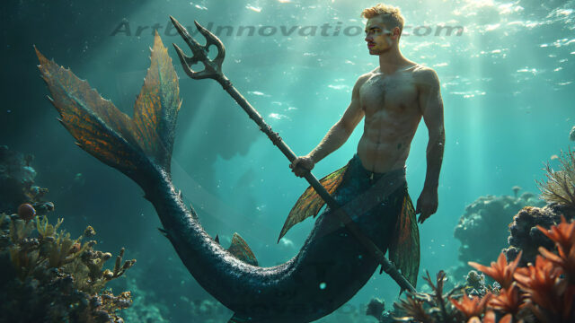 AI-generated HD photos featuring Mermen, The Warriors of the Sea. A collection of over 1,000 AI generated photo images of Mermen Warriors. Shirtless men from all age groups, with slim builds to hot and sexy, muscular body types, and from teenaged boys, to young men, to the handsome Elders. Merman warriors rising from a whirlpool, with a trident in hand, set against a stormy backdrop with dramatic lighting. Vibrant coral reefs, with detailed underwater scenes, highly realistic, with obsidian scales, that shimmer in the sunlight.