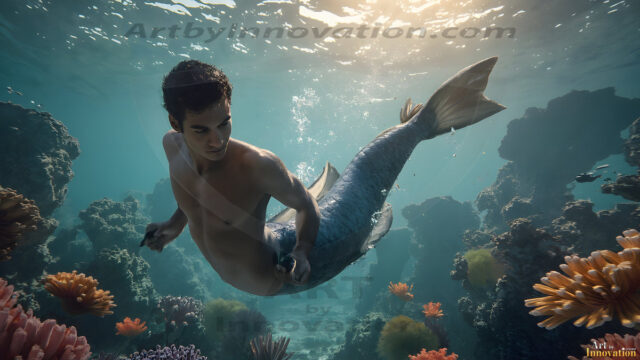 AI-generated HD photos featuring Mermen, The Warriors of the Sea. A collection of over 1,000 AI generated photo images of Mermen Warriors. Shirtless men from all age groups, with slim builds to hot and sexy, muscular body types, and from teenaged boys, to young men, to the handsome Elders. Merman warriors rising from a whirlpool, with a trident in hand, set against a stormy backdrop with dramatic lighting. Vibrant coral reefs, with detailed underwater scenes, highly realistic, with obsidian scales, that shimmer in the sunlight.