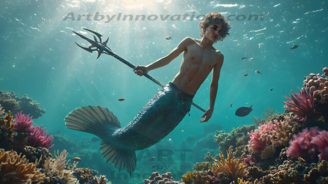 AI-generated HD photos featuring Mermen, The Warriors of the Sea. A collection of over 1,000 AI generated photo images of Mermen Warriors. Shirtless men from all age groups, with slim builds to hot and sexy, muscular body types, and from teenaged boys, to young men, to the handsome Elders. Merman warriors rising from a whirlpool, with a trident in hand, set against a stormy backdrop with dramatic lighting. Vibrant coral reefs, with detailed underwater scenes, highly realistic, with obsidian scales, that shimmer in the sunlight.