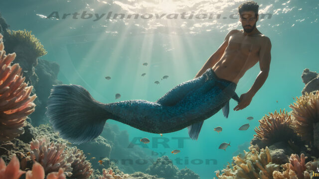 AI-generated HD photos featuring Mermen, The Warriors of the Sea. A collection of over 1,000 AI generated photo images of Mermen Warriors. Shirtless men from all age groups, with slim builds to hot and sexy, muscular body types, and from teenaged boys, to young men, to the handsome Elders. Merman warriors rising from a whirlpool, with a trident in hand, set against a stormy backdrop with dramatic lighting. Vibrant coral reefs, with detailed underwater scenes, highly realistic, with obsidian scales, that shimmer in the sunlight.