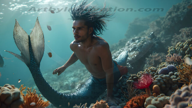 AI-generated HD photos featuring Mermen, The Warriors of the Sea. A collection of over 1,000 AI generated photo images of Mermen Warriors. Shirtless men from all age groups, with slim builds to hot and sexy, muscular body types, and from teenaged boys, to young men, to the handsome Elders. Merman warriors rising from a whirlpool, with a trident in hand, set against a stormy backdrop with dramatic lighting. Vibrant coral reefs, with detailed underwater scenes, highly realistic, with obsidian scales, that shimmer in the sunlight.