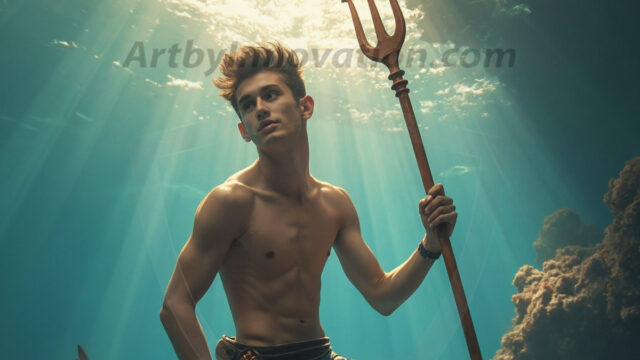 AI-generated HD photos featuring Mermen, The Warriors of the Sea. A collection of over 1,000 AI generated photo images of Mermen Warriors. Shirtless men from all age groups, with slim builds to hot and sexy, muscular body types, and from teenaged boys, to young men, to the handsome Elders. Merman warriors rising from a whirlpool, with a trident in hand, set against a stormy backdrop with dramatic lighting. Vibrant coral reefs, with detailed underwater scenes, highly realistic, with obsidian scales, that shimmer in the sunlight.