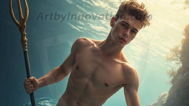 AI-generated HD photos featuring Mermen, The Warriors of the Sea. A collection of over 1,000 AI generated photo images of Mermen Warriors. Shirtless men from all age groups, with slim builds to hot and sexy, muscular body types, and from teenaged boys, to young men, to the handsome Elders. Merman warriors rising from a whirlpool, with a trident in hand, set against a stormy backdrop with dramatic lighting. Vibrant coral reefs, with detailed underwater scenes, highly realistic, with obsidian scales, that shimmer in the sunlight.