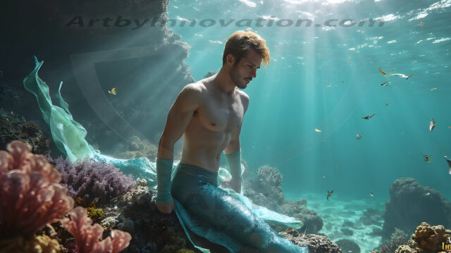 AI-generated HD photos featuring Mermen, The Warriors of the Sea. A collection of over 1,000 AI generated photo images of Mermen Warriors. Shirtless men from all age groups, with slim builds to hot and sexy, muscular body types, and from teenaged boys, to young men, to the handsome Elders. Merman warriors rising from a whirlpool, with a trident in hand, set against a stormy backdrop with dramatic lighting. Vibrant coral reefs, with detailed underwater scenes, highly realistic, with obsidian scales, that shimmer in the sunlight.