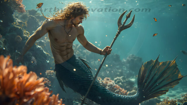 AI-generated HD photos featuring Mermen, The Warriors of the Sea. A collection of over 1,000 AI generated photo images of Mermen Warriors. Shirtless men from all age groups, with slim builds to hot and sexy, muscular body types, and from teenaged boys, to young men, to the handsome Elders. Merman warriors rising from a whirlpool, with a trident in hand, set against a stormy backdrop with dramatic lighting. Vibrant coral reefs, with detailed underwater scenes, highly realistic, with obsidian scales, that shimmer in the sunlight.
