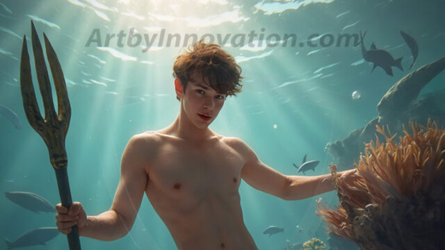 AI-generated HD photos featuring Mermen, The Warriors of the Sea. A collection of over 1,000 AI generated photo images of Mermen Warriors. Shirtless men from all age groups, with slim builds to hot and sexy, muscular body types, and from teenaged boys, to young men, to the handsome Elders. Merman warriors rising from a whirlpool, with a trident in hand, set against a stormy backdrop with dramatic lighting. Vibrant coral reefs, with detailed underwater scenes, highly realistic, with obsidian scales, that shimmer in the sunlight.