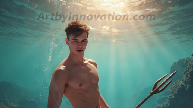AI-generated HD photos featuring Mermen, The Warriors of the Sea. A collection of over 1,000 AI generated photo images of Mermen Warriors. Shirtless men from all age groups, with slim builds to hot and sexy, muscular body types, and from teenaged boys, to young men, to the handsome Elders. Merman warriors rising from a whirlpool, with a trident in hand, set against a stormy backdrop with dramatic lighting. Vibrant coral reefs, with detailed underwater scenes, highly realistic, with obsidian scales, that shimmer in the sunlight.