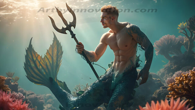 AI-generated HD photos featuring Mermen, The Warriors of the Sea. A collection of over 1,000 AI generated photo images of Mermen Warriors. Shirtless men from all age groups, with slim builds to hot and sexy, muscular body types, and from teenaged boys, to young men, to the handsome Elders. Merman warriors rising from a whirlpool, with a trident in hand, set against a stormy backdrop with dramatic lighting. Vibrant coral reefs, with detailed underwater scenes, highly realistic, with obsidian scales, that shimmer in the sunlight.