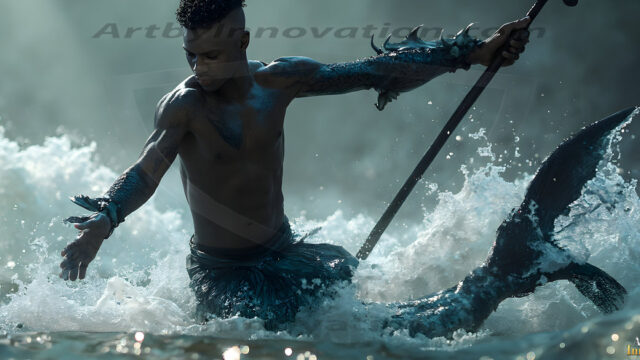 AI-generated HD photos featuring Mermen, The Warriors of the Sea. A collection of over 1,000 AI generated photo images of Mermen Warriors. Shirtless men from all age groups, with slim builds to hot and sexy, muscular body types, and from teenaged boys, to young men, to the handsome Elders. Merman warriors rising from a whirlpool, with a trident in hand, set against a stormy backdrop with dramatic lighting. Vibrant coral reefs, with detailed underwater scenes, highly realistic, with obsidian scales, that shimmer in the sunlight.