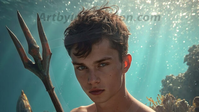 AI-generated HD photos featuring Mermen, The Warriors of the Sea. A collection of over 1,000 AI generated photo images of Mermen Warriors. Shirtless men from all age groups, with slim builds to hot and sexy, muscular body types, and from teenaged boys, to young men, to the handsome Elders. Merman warriors rising from a whirlpool, with a trident in hand, set against a stormy backdrop with dramatic lighting. Vibrant coral reefs, with detailed underwater scenes, highly realistic, with obsidian scales, that shimmer in the sunlight.