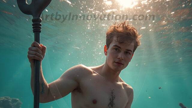 AI-generated HD photos featuring Mermen, The Warriors of the Sea. A collection of over 1,000 AI generated photo images of Mermen Warriors. Shirtless men from all age groups, with slim builds to hot and sexy, muscular body types, and from teenaged boys, to young men, to the handsome Elders. Merman warriors rising from a whirlpool, with a trident in hand, set against a stormy backdrop with dramatic lighting. Vibrant coral reefs, with detailed underwater scenes, highly realistic, with obsidian scales, that shimmer in the sunlight.