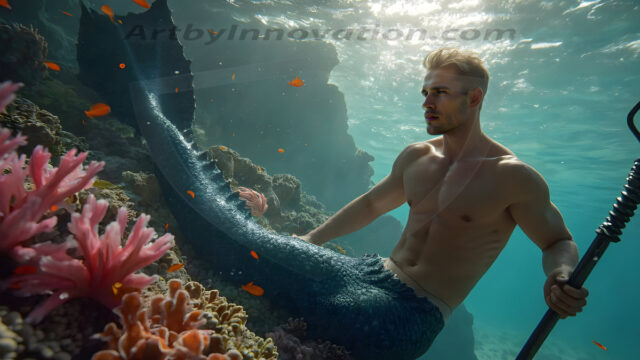 AI-generated HD photos featuring Mermen, The Warriors of the Sea. A collection of over 1,000 AI generated photo images of Mermen Warriors. Shirtless men from all age groups, with slim builds to hot and sexy, muscular body types, and from teenaged boys, to young men, to the handsome Elders. Merman warriors rising from a whirlpool, with a trident in hand, set against a stormy backdrop with dramatic lighting. Vibrant coral reefs, with detailed underwater scenes, highly realistic, with obsidian scales, that shimmer in the sunlight.