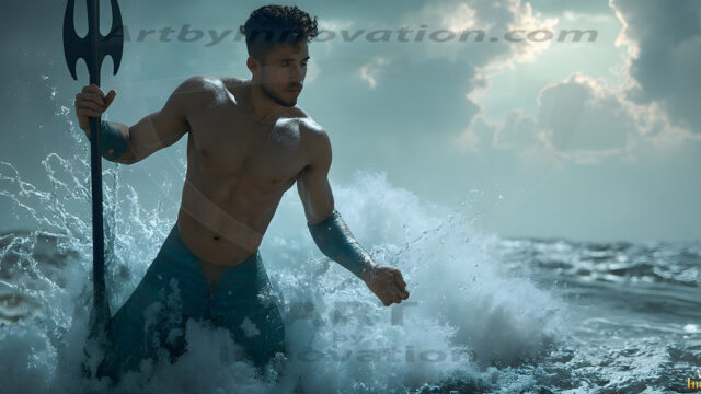 AI-generated HD photos featuring Mermen, The Warriors of the Sea. A collection of over 1,000 AI generated photo images of Mermen Warriors. Shirtless men from all age groups, with slim builds to hot and sexy, muscular body types, and from teenaged boys, to young men, to the handsome Elders. Merman warriors rising from a whirlpool, with a trident in hand, set against a stormy backdrop with dramatic lighting. Vibrant coral reefs, with detailed underwater scenes, highly realistic, with obsidian scales, that shimmer in the sunlight.