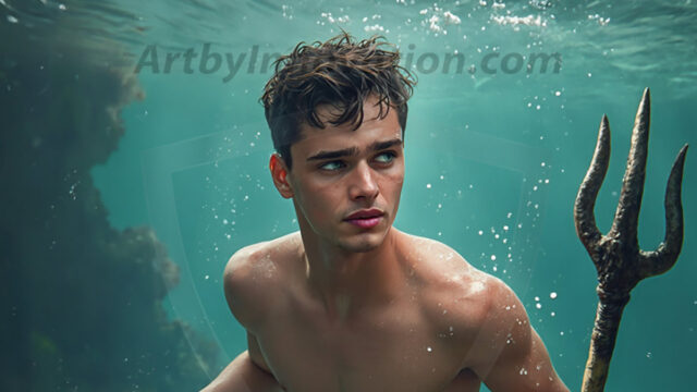 AI-generated HD photos featuring Mermen, The Warriors of the Sea. A collection of over 1,000 AI generated photo images of Mermen Warriors. Shirtless men from all age groups, with slim builds to hot and sexy, muscular body types, and from teenaged boys, to young men, to the handsome Elders. Merman warriors rising from a whirlpool, with a trident in hand, set against a stormy backdrop with dramatic lighting. Vibrant coral reefs, with detailed underwater scenes, highly realistic, with obsidian scales, that shimmer in the sunlight.