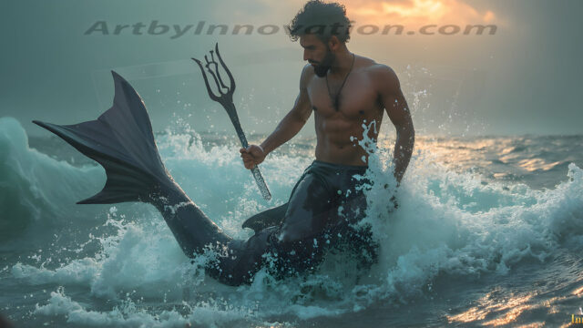 AI-generated HD photos featuring Mermen, The Warriors of the Sea. A collection of over 1,000 AI generated photo images of Mermen Warriors. Shirtless men from all age groups, with slim builds to hot and sexy, muscular body types, and from teenaged boys, to young men, to the handsome Elders. Merman warriors rising from a whirlpool, with a trident in hand, set against a stormy backdrop with dramatic lighting. Vibrant coral reefs, with detailed underwater scenes, highly realistic, with obsidian scales, that shimmer in the sunlight.