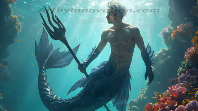 AI-generated HD photos featuring Mermen, The Warriors of the Sea. A collection of over 1,000 AI generated photo images of Mermen Warriors. Shirtless men from all age groups, with slim builds to hot and sexy, muscular body types, and from teenaged boys, to young men, to the handsome Elders. Merman warriors rising from a whirlpool, with a trident in hand, set against a stormy backdrop with dramatic lighting. Vibrant coral reefs, with detailed underwater scenes, highly realistic, with obsidian scales, that shimmer in the sunlight.