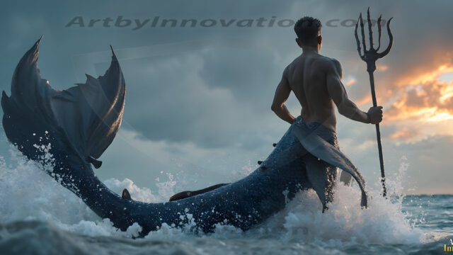 AI-generated HD photos featuring Mermen, The Warriors of the Sea. A collection of over 1,000 AI generated photo images of Mermen Warriors. Shirtless men from all age groups, with slim builds to hot and sexy, muscular body types, and from teenaged boys, to young men, to the handsome Elders. Merman warriors rising from a whirlpool, with a trident in hand, set against a stormy backdrop with dramatic lighting. Vibrant coral reefs, with detailed underwater scenes, highly realistic, with obsidian scales, that shimmer in the sunlight.