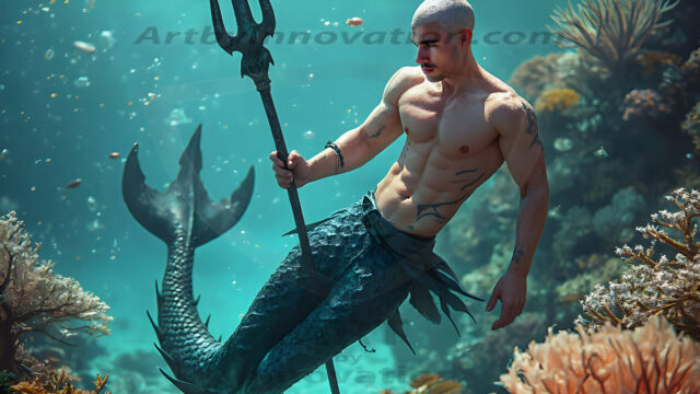 AI-generated HD photos featuring Mermen, The Warriors of the Sea. A collection of over 1,000 AI generated photo images of Mermen Warriors. Shirtless men from all age groups, with slim builds to hot and sexy, muscular body types, and from teenaged boys, to young men, to the handsome Elders. Merman warriors rising from a whirlpool, with a trident in hand, set against a stormy backdrop with dramatic lighting. Vibrant coral reefs, with detailed underwater scenes, highly realistic, with obsidian scales, that shimmer in the sunlight.