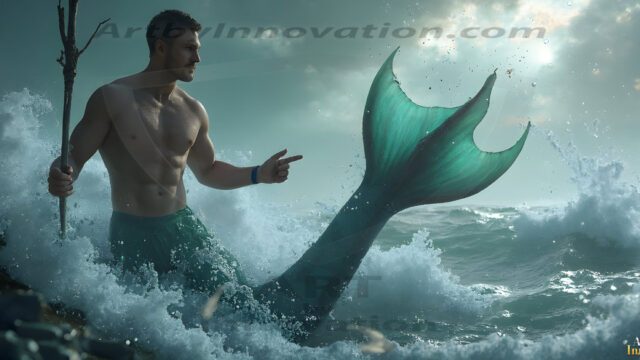 AI-generated HD photos featuring Mermen, The Warriors of the Sea. A collection of over 1,000 AI generated photo images of Mermen Warriors. Shirtless men from all age groups, with slim builds to hot and sexy, muscular body types, and from teenaged boys, to young men, to the handsome Elders. Merman warriors rising from a whirlpool, with a trident in hand, set against a stormy backdrop with dramatic lighting. Vibrant coral reefs, with detailed underwater scenes, highly realistic, with obsidian scales, that shimmer in the sunlight.