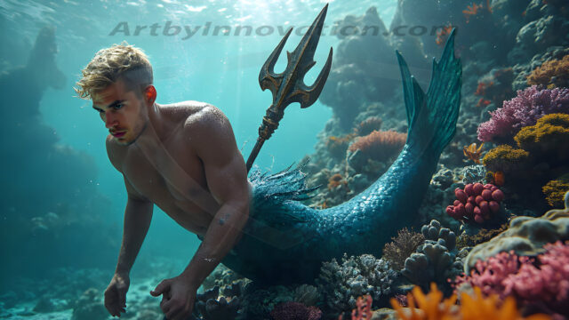 AI-generated HD photos featuring Mermen, The Warriors of the Sea. A collection of over 1,000 AI generated photo images of Mermen Warriors. Shirtless men from all age groups, with slim builds to hot and sexy, muscular body types, and from teenaged boys, to young men, to the handsome Elders. Merman warriors rising from a whirlpool, with a trident in hand, set against a stormy backdrop with dramatic lighting. Vibrant coral reefs, with detailed underwater scenes, highly realistic, with obsidian scales, that shimmer in the sunlight.