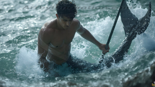 AI-generated HD photos featuring Mermen, The Warriors of the Sea. A collection of over 1,000 AI generated photo images of Mermen Warriors. Shirtless men from all age groups, with slim builds to hot and sexy, muscular body types, and from teenaged boys, to young men, to the handsome Elders. Merman warriors rising from a whirlpool, with a trident in hand, set against a stormy backdrop with dramatic lighting. Vibrant coral reefs, with detailed underwater scenes, highly realistic, with obsidian scales, that shimmer in the sunlight.