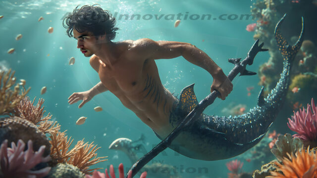 AI-generated HD photos featuring Mermen, The Warriors of the Sea. A collection of over 1,000 AI generated photo images of Mermen Warriors. Shirtless men from all age groups, with slim builds to hot and sexy, muscular body types, and from teenaged boys, to young men, to the handsome Elders. Merman warriors rising from a whirlpool, with a trident in hand, set against a stormy backdrop with dramatic lighting. Vibrant coral reefs, with detailed underwater scenes, highly realistic, with obsidian scales, that shimmer in the sunlight.