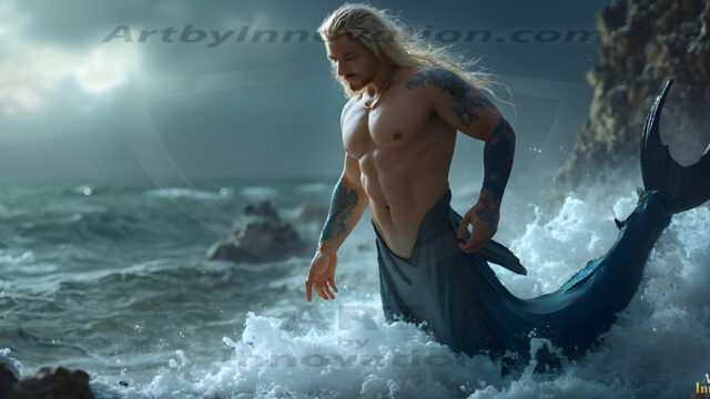 AI-generated HD photos featuring Mermen, The Warriors of the Sea. A collection of over 1,000 AI generated photo images of Mermen Warriors. Shirtless men from all age groups, with slim builds to hot and sexy, muscular body types, and from teenaged boys, to young men, to the handsome Elders. Merman warriors rising from a whirlpool, with a trident in hand, set against a stormy backdrop with dramatic lighting. Vibrant coral reefs, with detailed underwater scenes, highly realistic, with obsidian scales, that shimmer in the sunlight.
