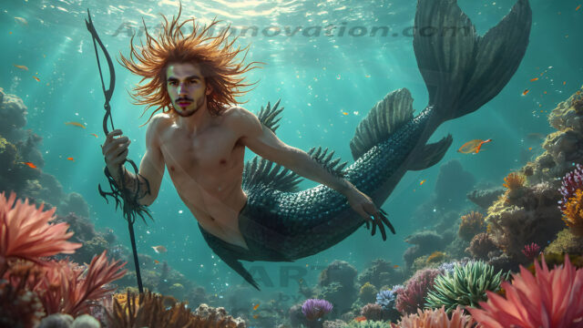 AI-generated HD photos featuring Mermen, The Warriors of the Sea. A collection of over 1,000 AI generated photo images of Mermen Warriors. Shirtless men from all age groups, with slim builds to hot and sexy, muscular body types, and from teenaged boys, to young men, to the handsome Elders. Merman warriors rising from a whirlpool, with a trident in hand, set against a stormy backdrop with dramatic lighting. Vibrant coral reefs, with detailed underwater scenes, highly realistic, with obsidian scales, that shimmer in the sunlight.