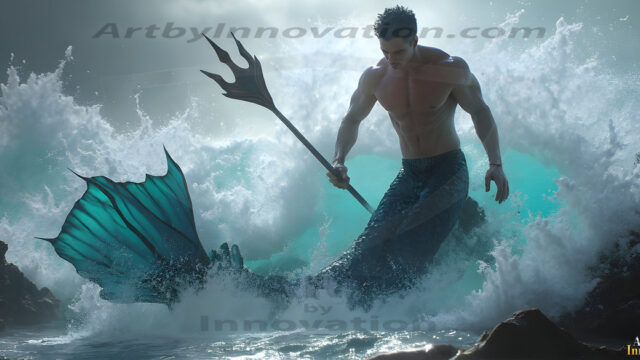 AI-generated HD photos featuring Mermen, The Warriors of the Sea. A collection of over 1,000 AI generated photo images of Mermen Warriors. Shirtless men from all age groups, with slim builds to hot and sexy, muscular body types, and from teenaged boys, to young men, to the handsome Elders. Merman warriors rising from a whirlpool, with a trident in hand, set against a stormy backdrop with dramatic lighting. Vibrant coral reefs, with detailed underwater scenes, highly realistic, with obsidian scales, that shimmer in the sunlight.
