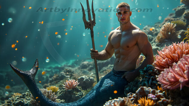 AI-generated HD photos featuring Mermen, The Warriors of the Sea. A collection of over 1,000 AI generated photo images of Mermen Warriors. Shirtless men from all age groups, with slim builds to hot and sexy, muscular body types, and from teenaged boys, to young men, to the handsome Elders. Merman warriors rising from a whirlpool, with a trident in hand, set against a stormy backdrop with dramatic lighting. Vibrant coral reefs, with detailed underwater scenes, highly realistic, with obsidian scales, that shimmer in the sunlight.