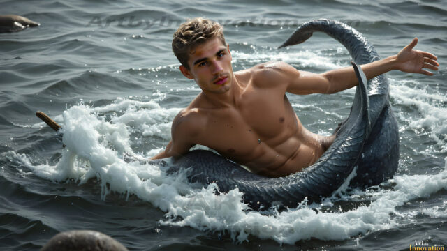 AI-generated HD photos featuring Mermen, The Warriors of the Sea. A collection of over 1,000 AI generated photo images of Mermen Warriors. Shirtless men from all age groups, with slim builds to hot and sexy, muscular body types, and from teenaged boys, to young men, to the handsome Elders. Merman warriors rising from a whirlpool, with a trident in hand, set against a stormy backdrop with dramatic lighting. Vibrant coral reefs, with detailed underwater scenes, highly realistic, with obsidian scales, that shimmer in the sunlight.