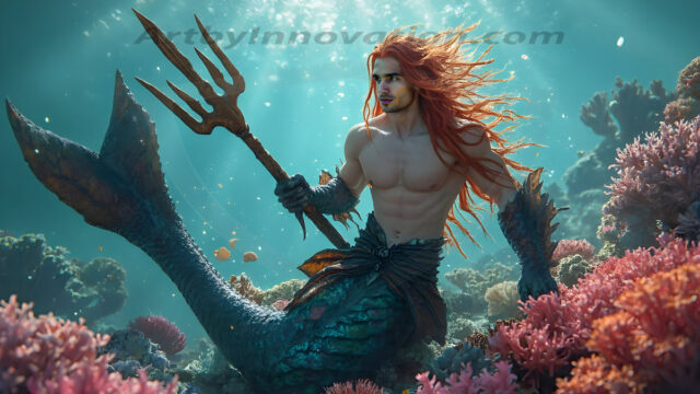 AI-generated HD photos featuring Mermen, The Warriors of the Sea. A collection of over 1,000 AI generated photo images of Mermen Warriors. Shirtless men from all age groups, with slim builds to hot and sexy, muscular body types, and from teenaged boys, to young men, to the handsome Elders. Merman warriors rising from a whirlpool, with a trident in hand, set against a stormy backdrop with dramatic lighting. Vibrant coral reefs, with detailed underwater scenes, highly realistic, with obsidian scales, that shimmer in the sunlight.