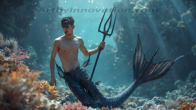 AI-generated HD photos featuring Mermen, The Warriors of the Sea. A collection of over 1,000 AI generated photo images of Mermen Warriors. Shirtless men from all age groups, with slim builds to hot and sexy, muscular body types, and from teenaged boys, to young men, to the handsome Elders. Merman warriors rising from a whirlpool, with a trident in hand, set against a stormy backdrop with dramatic lighting. Vibrant coral reefs, with detailed underwater scenes, highly realistic, with obsidian scales, that shimmer in the sunlight.