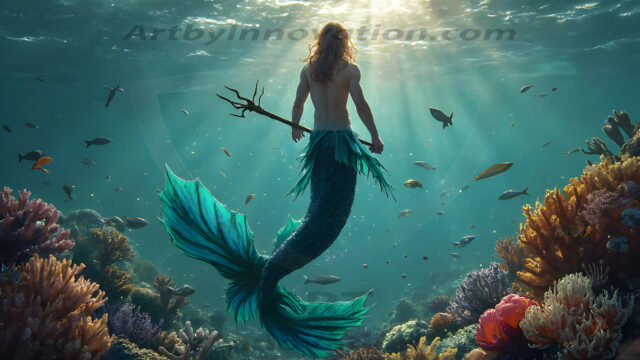 AI-generated HD photos featuring Mermen, The Warriors of the Sea. A collection of over 1,000 AI generated photo images of Mermen Warriors. Shirtless men from all age groups, with slim builds to hot and sexy, muscular body types, and from teenaged boys, to young men, to the handsome Elders. Merman warriors rising from a whirlpool, with a trident in hand, set against a stormy backdrop with dramatic lighting. Vibrant coral reefs, with detailed underwater scenes, highly realistic, with obsidian scales, that shimmer in the sunlight.