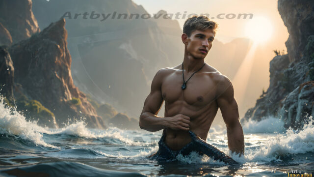 AI-generated HD photos featuring Mermen, The Warriors of the Sea. A collection of over 1,000 AI generated photo images of Mermen Warriors. Shirtless men from all age groups, with slim builds to hot and sexy, muscular body types, and from teenaged boys, to young men, to the handsome Elders. Merman warriors rising from a whirlpool, with a trident in hand, set against a stormy backdrop with dramatic lighting. Vibrant coral reefs, with detailed underwater scenes, highly realistic, with obsidian scales, that shimmer in the sunlight.