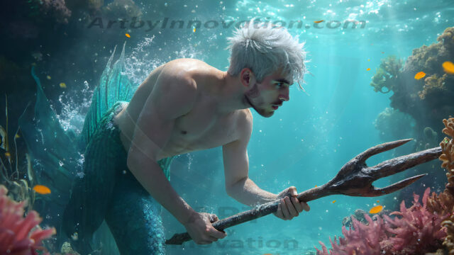 AI-generated HD photos featuring Mermen, The Warriors of the Sea. A collection of over 1,000 AI generated photo images of Mermen Warriors. Shirtless men from all age groups, with slim builds to hot and sexy, muscular body types, and from teenaged boys, to young men, to the handsome Elders. Merman warriors rising from a whirlpool, with a trident in hand, set against a stormy backdrop with dramatic lighting. Vibrant coral reefs, with detailed underwater scenes, highly realistic, with obsidian scales, that shimmer in the sunlight.
