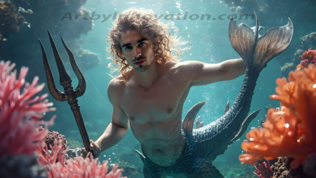 AI-generated HD photos featuring Mermen, The Warriors of the Sea. A collection of over 1,000 AI generated photo images of Mermen Warriors. Shirtless men from all age groups, with slim builds to hot and sexy, muscular body types, and from teenaged boys, to young men, to the handsome Elders. Merman warriors rising from a whirlpool, with a trident in hand, set against a stormy backdrop with dramatic lighting. Vibrant coral reefs, with detailed underwater scenes, highly realistic, with obsidian scales, that shimmer in the sunlight.