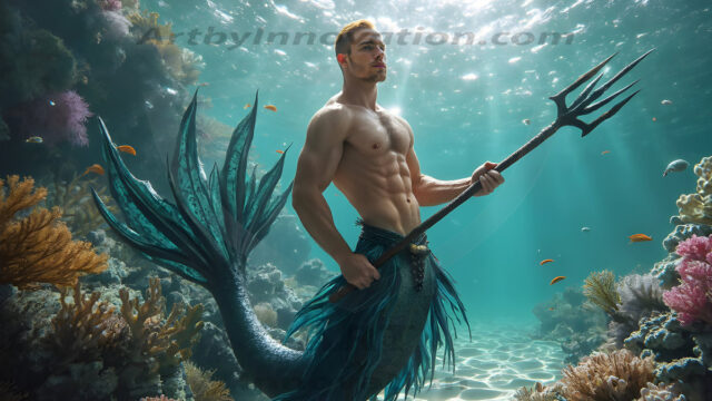 AI-generated HD photos featuring Mermen, The Warriors of the Sea. A collection of over 1,000 AI generated photo images of Mermen Warriors. Shirtless men from all age groups, with slim builds to hot and sexy, muscular body types, and from teenaged boys, to young men, to the handsome Elders. Merman warriors rising from a whirlpool, with a trident in hand, set against a stormy backdrop with dramatic lighting. Vibrant coral reefs, with detailed underwater scenes, highly realistic, with obsidian scales, that shimmer in the sunlight.