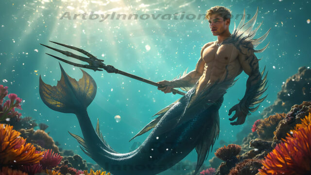 AI-generated HD photos featuring Mermen, The Warriors of the Sea. A collection of over 1,000 AI generated photo images of Mermen Warriors. Shirtless men from all age groups, with slim builds to hot and sexy, muscular body types, and from teenaged boys, to young men, to the handsome Elders. Merman warriors rising from a whirlpool, with a trident in hand, set against a stormy backdrop with dramatic lighting. Vibrant coral reefs, with detailed underwater scenes, highly realistic, with obsidian scales, that shimmer in the sunlight.