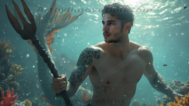 AI-generated HD photos featuring Mermen, The Warriors of the Sea. A collection of over 1,000 AI generated photo images of Mermen Warriors. Shirtless men from all age groups, with slim builds to hot and sexy, muscular body types, and from teenaged boys, to young men, to the handsome Elders. Merman warriors rising from a whirlpool, with a trident in hand, set against a stormy backdrop with dramatic lighting. Vibrant coral reefs, with detailed underwater scenes, highly realistic, with obsidian scales, that shimmer in the sunlight.