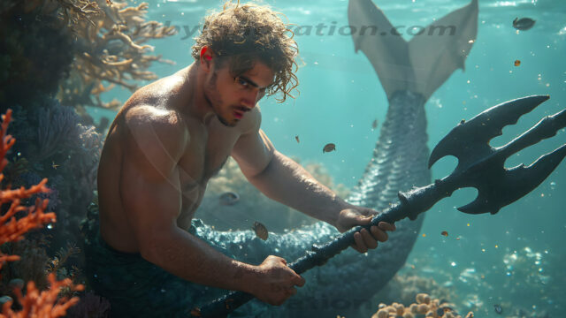 AI-generated HD photos featuring Mermen, The Warriors of the Sea. A collection of over 1,000 AI generated photo images of Mermen Warriors. Shirtless men from all age groups, with slim builds to hot and sexy, muscular body types, and from teenaged boys, to young men, to the handsome Elders. Merman warriors rising from a whirlpool, with a trident in hand, set against a stormy backdrop with dramatic lighting. Vibrant coral reefs, with detailed underwater scenes, highly realistic, with obsidian scales, that shimmer in the sunlight.