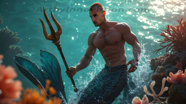 AI-generated HD photos featuring Mermen, The Warriors of the Sea. A collection of over 1,000 AI generated photo images of Mermen Warriors. Shirtless men from all age groups, with slim builds to hot and sexy, muscular body types, and from teenaged boys, to young men, to the handsome Elders. Merman warriors rising from a whirlpool, with a trident in hand, set against a stormy backdrop with dramatic lighting. Vibrant coral reefs, with detailed underwater scenes, highly realistic, with obsidian scales, that shimmer in the sunlight.