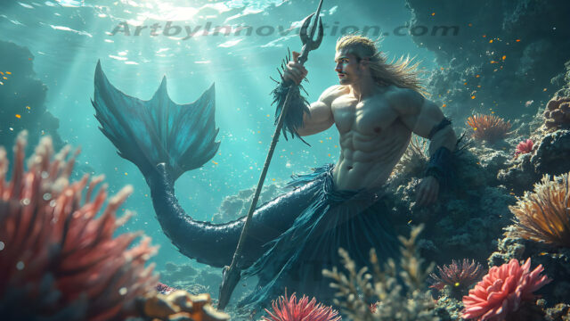 AI-generated HD photos featuring Mermen, The Warriors of the Sea. A collection of over 1,000 AI generated photo images of Mermen Warriors. Shirtless men from all age groups, with slim builds to hot and sexy, muscular body types, and from teenaged boys, to young men, to the handsome Elders. Merman warriors rising from a whirlpool, with a trident in hand, set against a stormy backdrop with dramatic lighting. Vibrant coral reefs, with detailed underwater scenes, highly realistic, with obsidian scales, that shimmer in the sunlight.