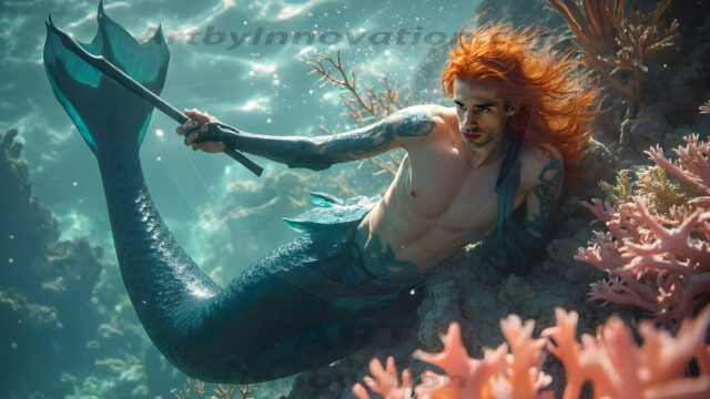 AI-generated HD photos featuring Mermen, The Warriors of the Sea. A collection of over 1,000 AI generated photo images of Mermen Warriors. Shirtless men from all age groups, with slim builds to hot and sexy, muscular body types, and from teenaged boys, to young men, to the handsome Elders. Merman warriors rising from a whirlpool, with a trident in hand, set against a stormy backdrop with dramatic lighting. Vibrant coral reefs, with detailed underwater scenes, highly realistic, with obsidian scales, that shimmer in the sunlight.